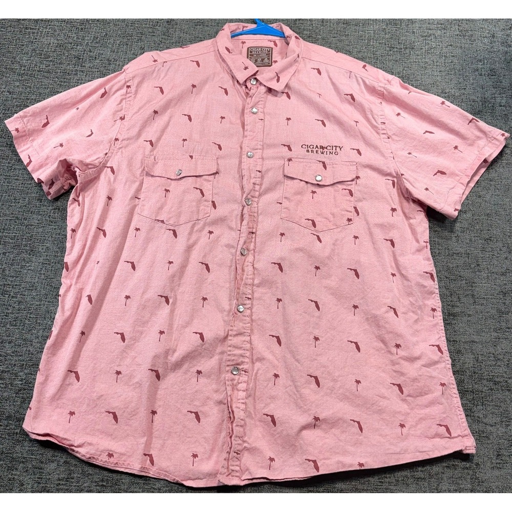 Cigar City Brewing Shirt Mens 2XL Pink Florida Palm Tree Snap Chambray Short Slv